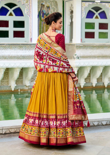 Mustard and Maroon Embroidered Lehenga Choli