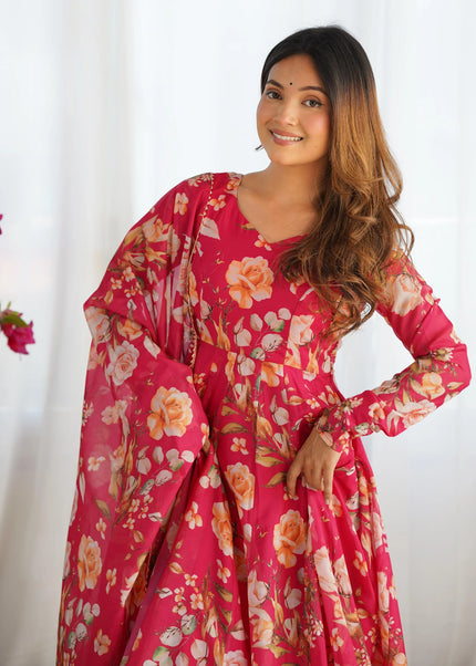 Pink Floral Printed Anarkali Suit