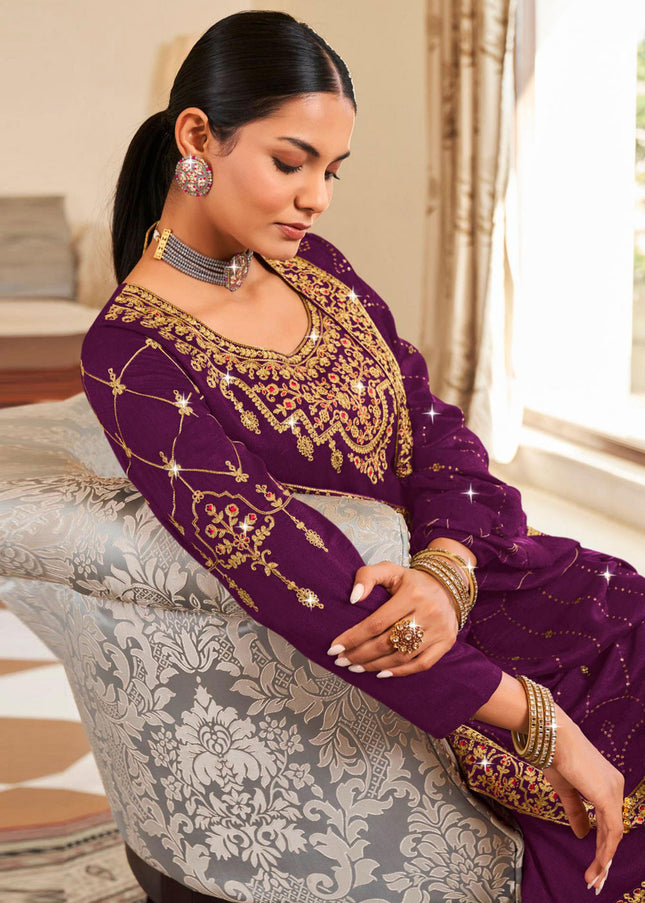 Purple and Gold Embroidered Pant Style Suit