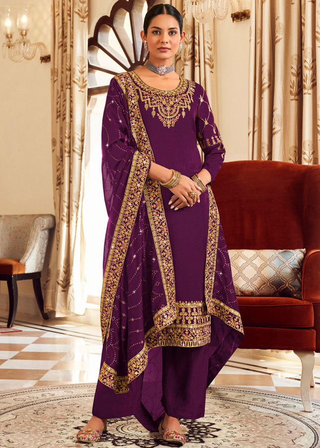 Purple and Gold Embroidered Pant Style Suit