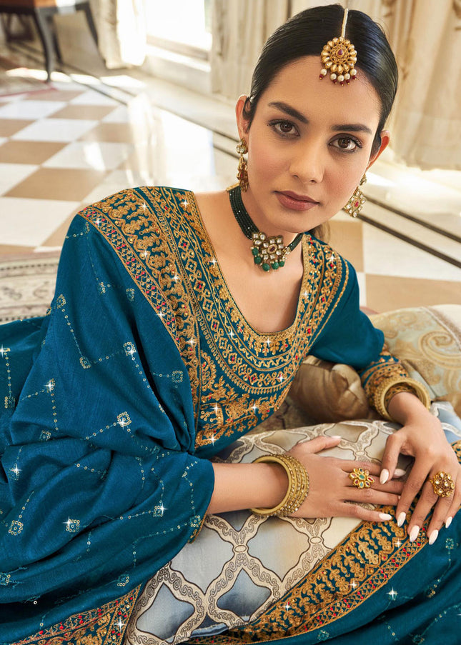 Blue and Gold Embroidered Pant Style Suit