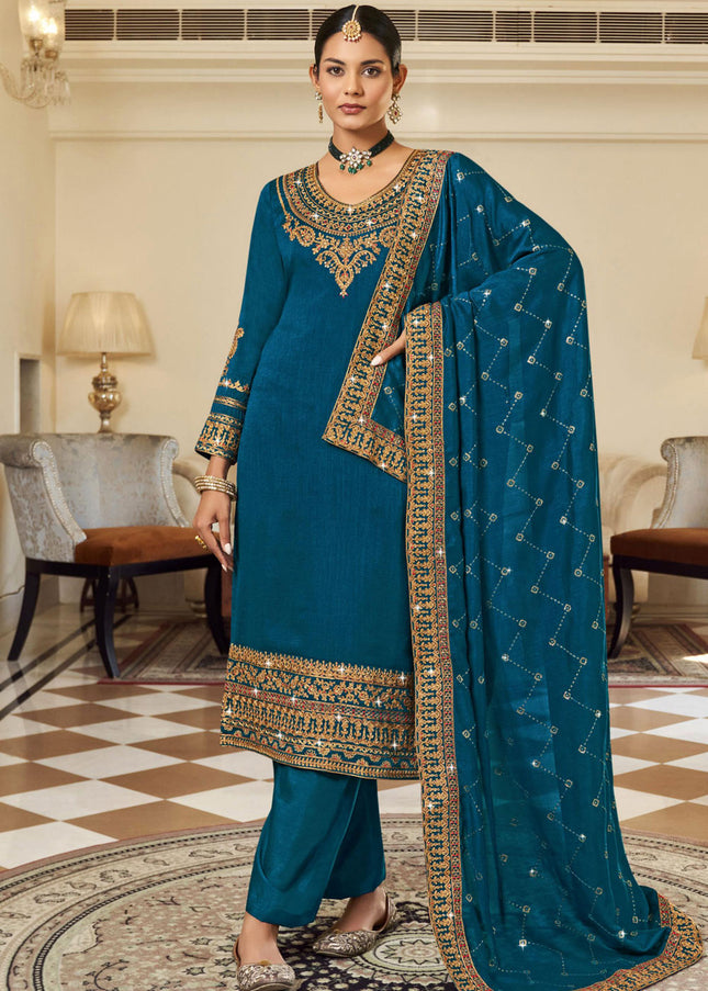 Blue and Gold Embroidered Pant Style Suit