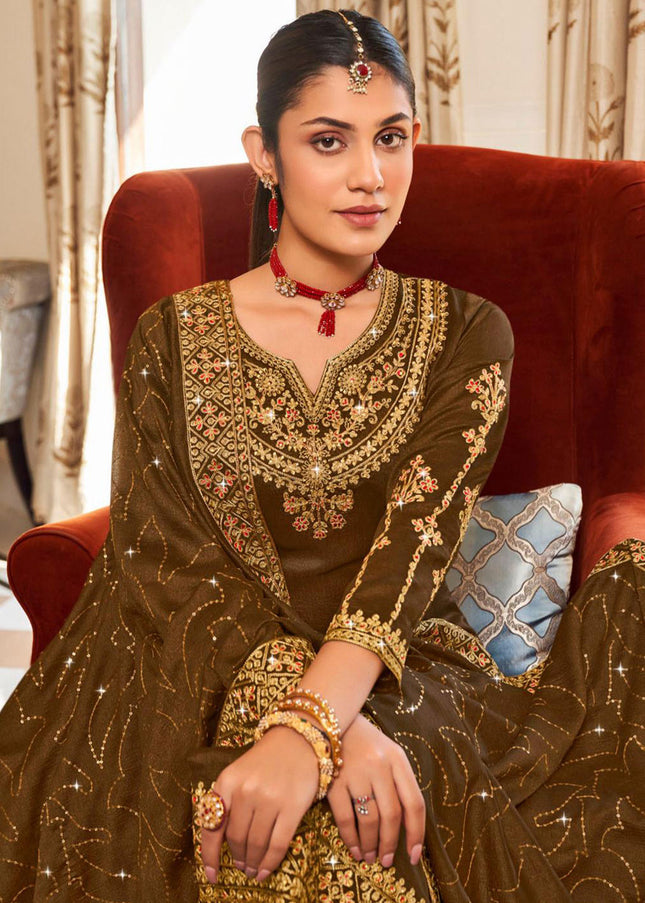 Brown and Gold Embroidered Pant Style Suit