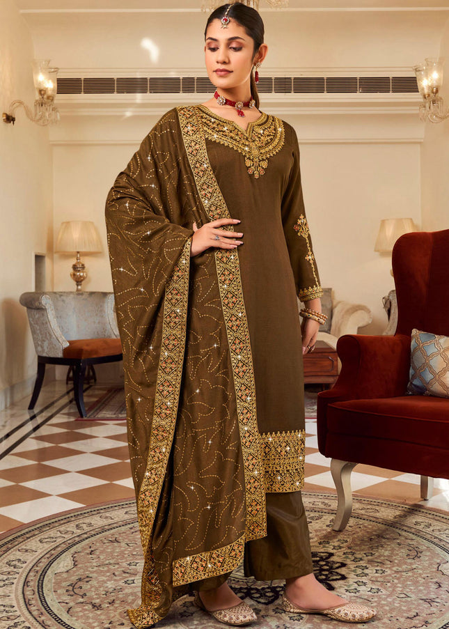 Brown and Gold Embroidered Pant Style Suit