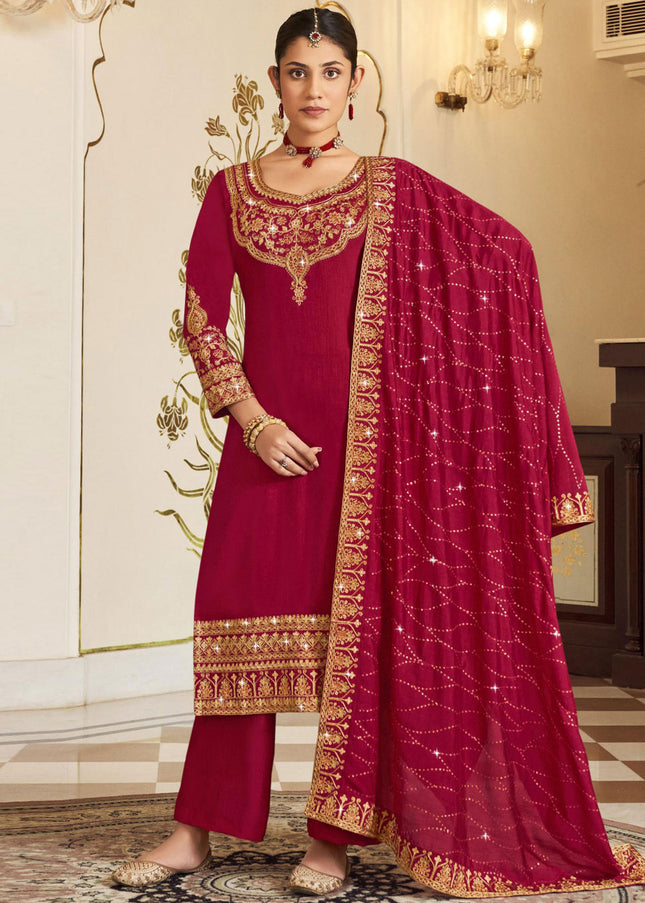 Red and Gold Embroidered Pant Style Suit