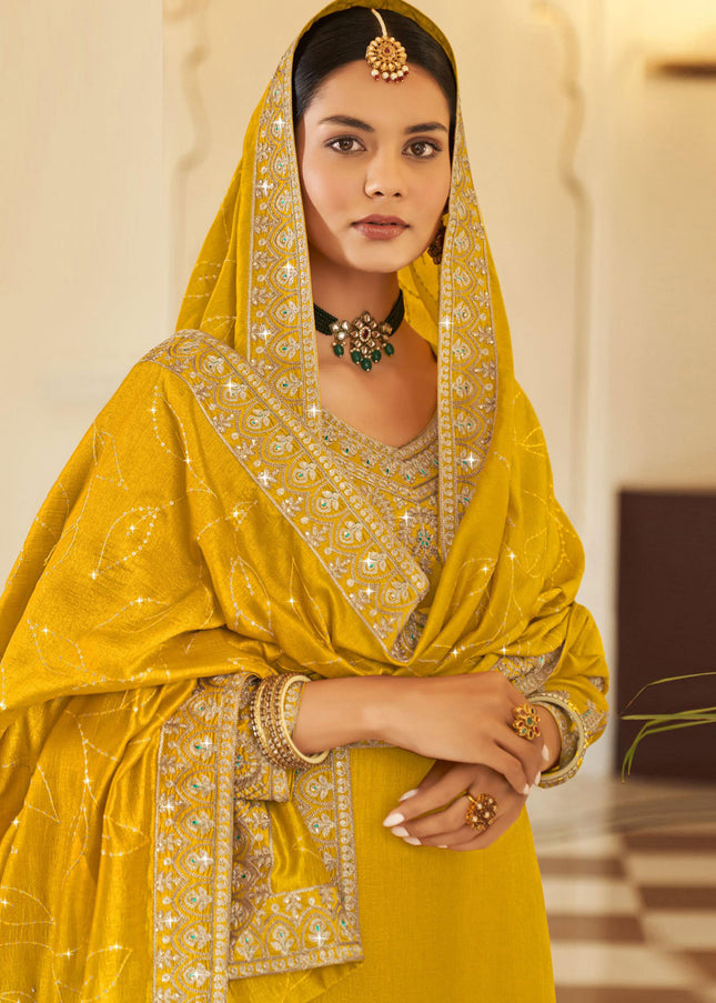 Yellow and Gold Embroidered Pant Style Suit