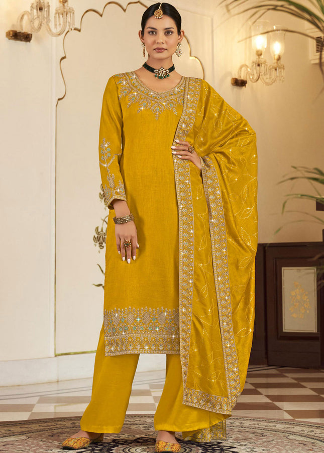 Yellow and Gold Embroidered Pant Style Suit