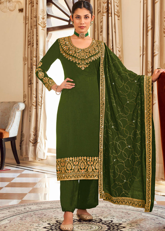 Green and Gold Embroidered Pant Style Suit