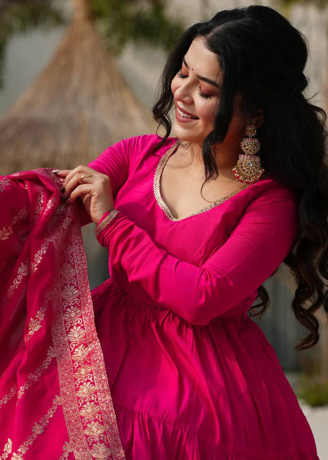 Pink Chanderi Silk Layered Anarkali Suit