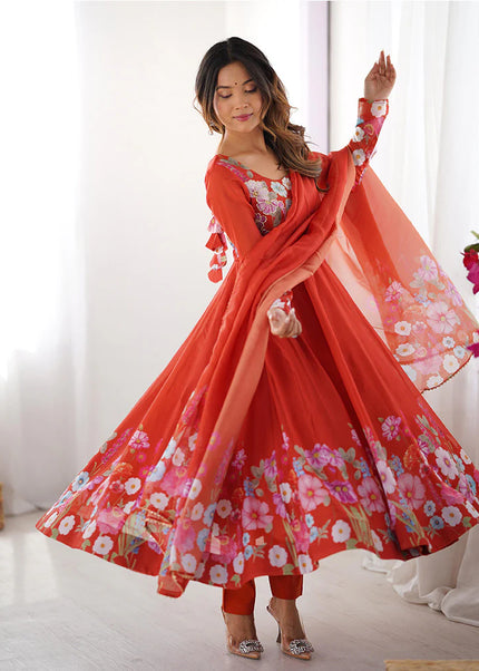 Orange Floral Printed Anarkali Suit
