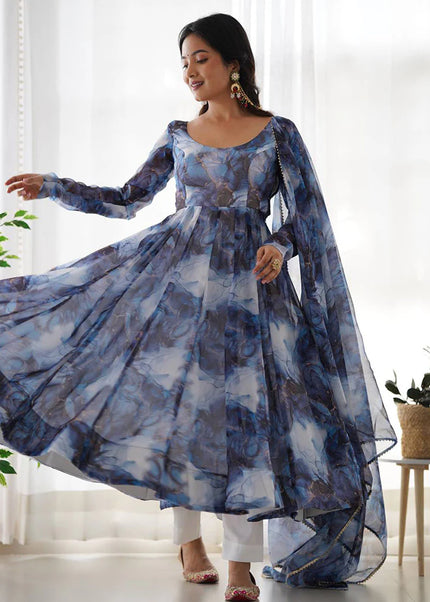 Navy Blue Floral Printed Anarkali Suit