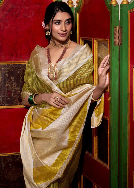 Green and Offwhite Embroidered  Saree