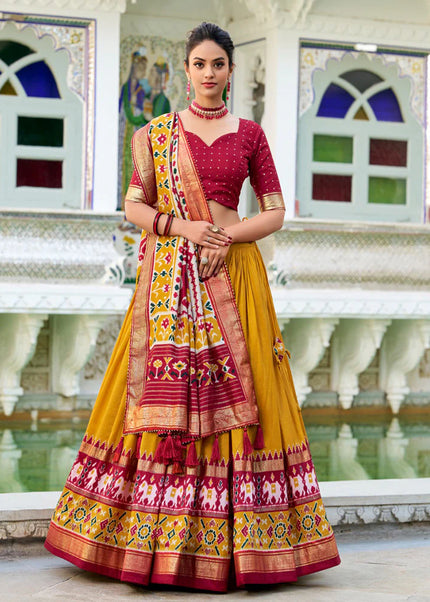 Mustard and Maroon Embroidered Lehenga Choli