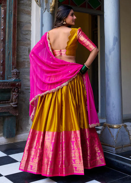 Yellow and Pink Embroidered Lehenga Choli