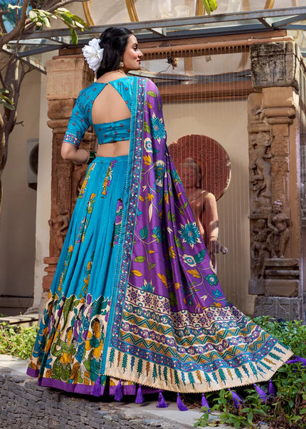 Sky Blue Printed and Embroidered Lehenga Choli