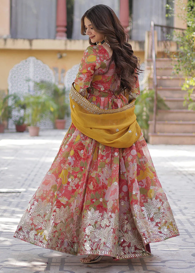 Red Multicolor Printed and Embroidered Anarkali Gown