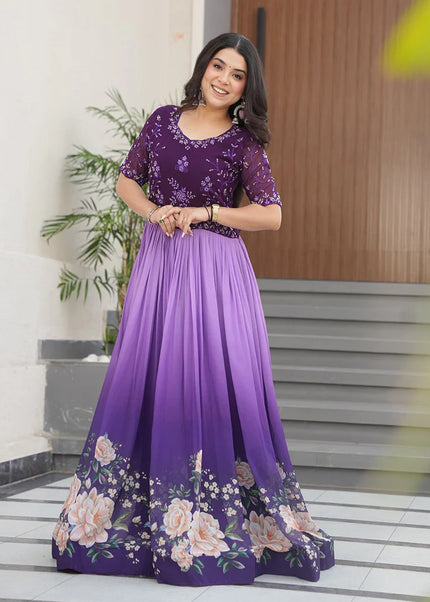 Purple and Lavender Printed and Embroidered Anarkali Gown
