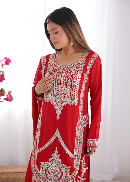 Red Embroidered Pant Style Suit