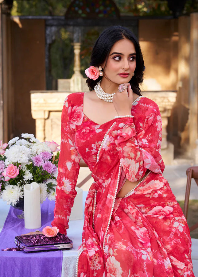 Red Floral Printed and Embroidered Saree