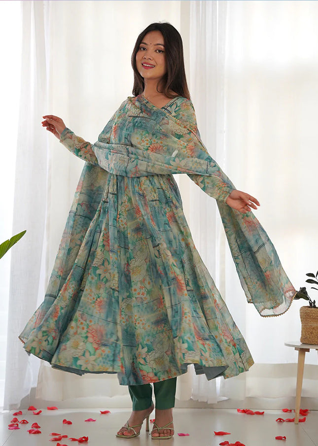 Multicolor Printed Flared Anarkali Suit FALAKENOOR Multicolor Printed Flared Anarkali Suit FALAKENOOR