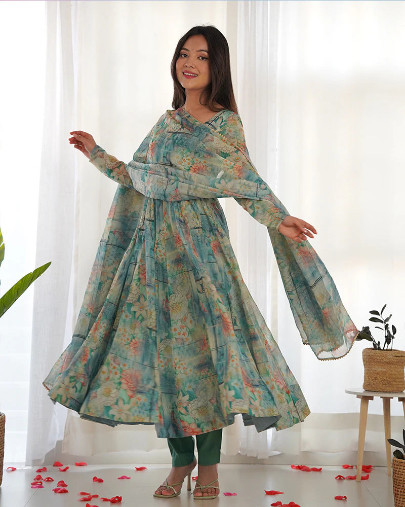 Multicolor Printed Flared Anarkali Suit FALAKENOOR Multicolor Printed Flared Anarkali Suit FALAKENOOR