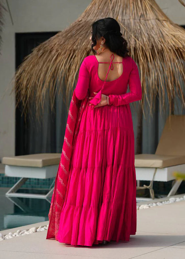 Pink Chanderi Silk Layered Anarkali Suit