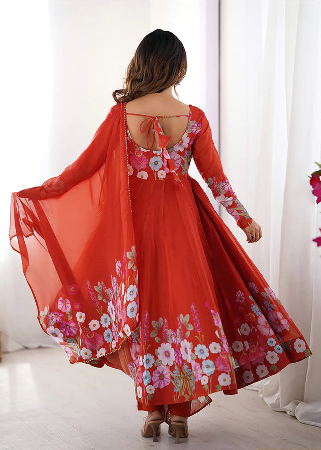 Orange Floral Printed Anarkali Suit