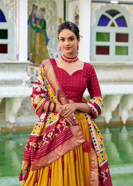 Mustard and Maroon Embroidered Lehenga Choli