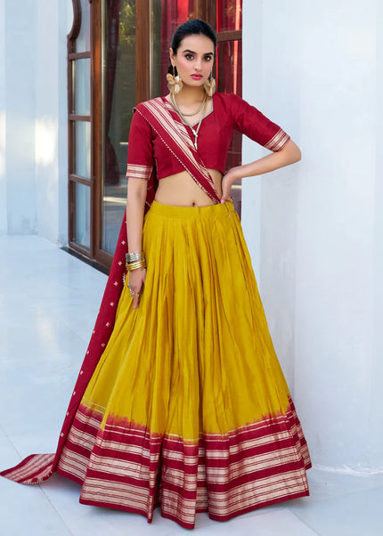 Red and Yellow Weaved Lehenga Choli