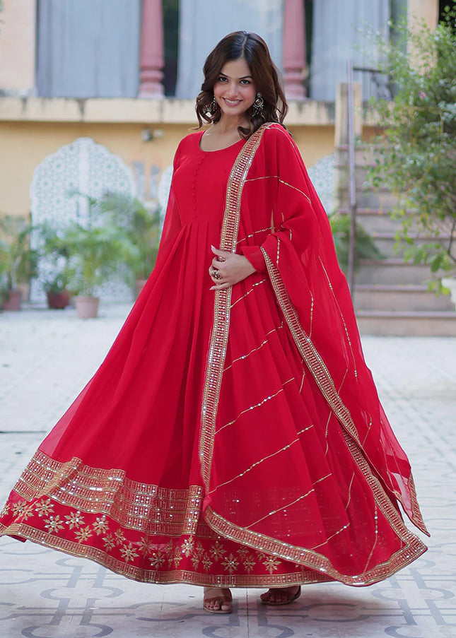 Light Red and Gold Embroidered Anarkali Gown