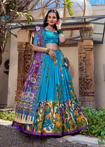 Sky Blue Printed and Embroidered Lehenga Choli