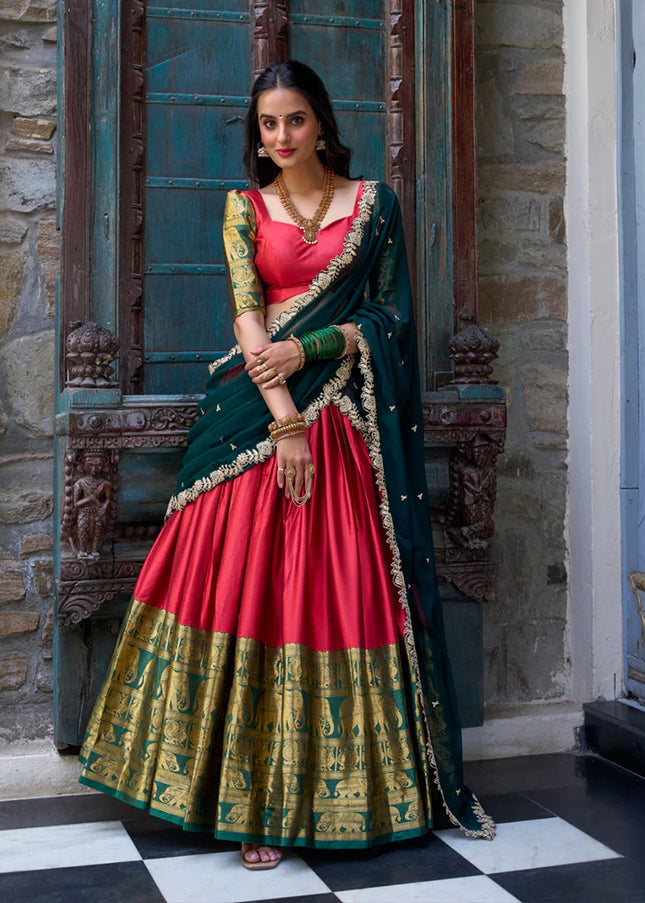 Red and Green Embroidered Lehenga Choli