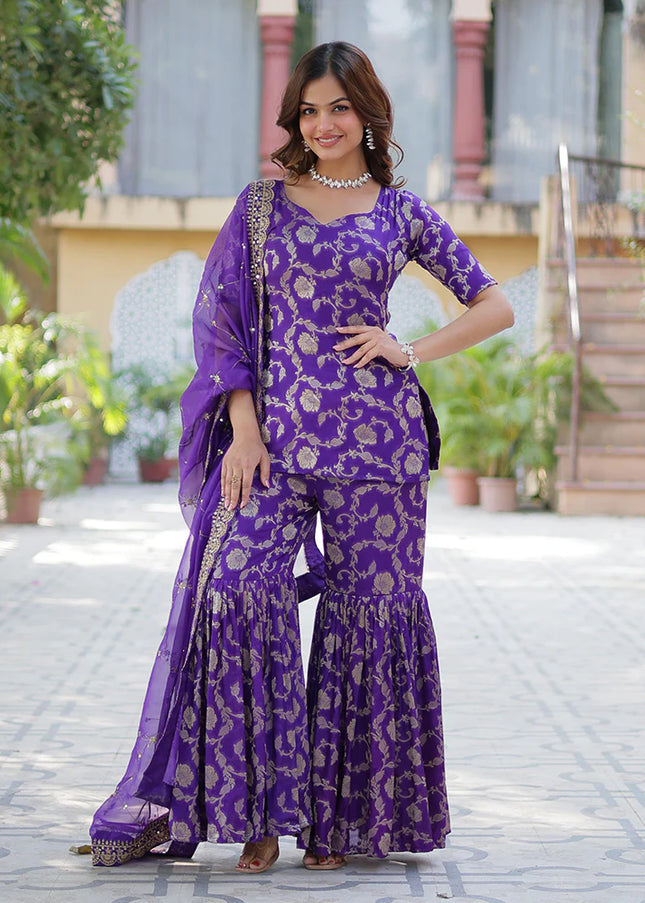 Violet Embroidered Gharara Suit