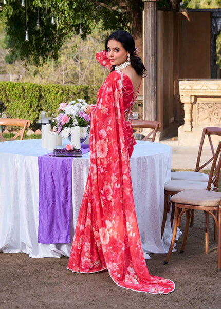 Red Floral Printed and Embroidered Saree
