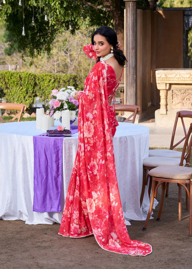 Red Floral Printed and Embroidered Saree