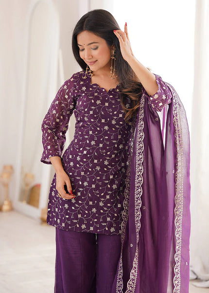 Mauve Embroidered Palazzo Suit