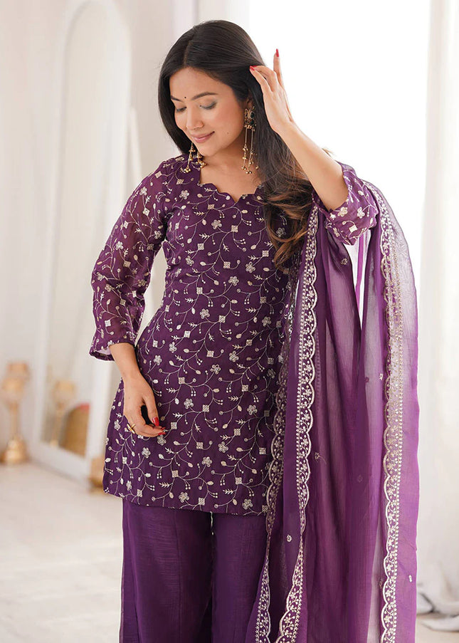 Mauve Embroidered Palazzo Suit