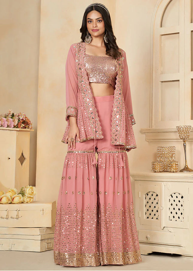 Pink Embroidered Jacket Style Gharara Suit