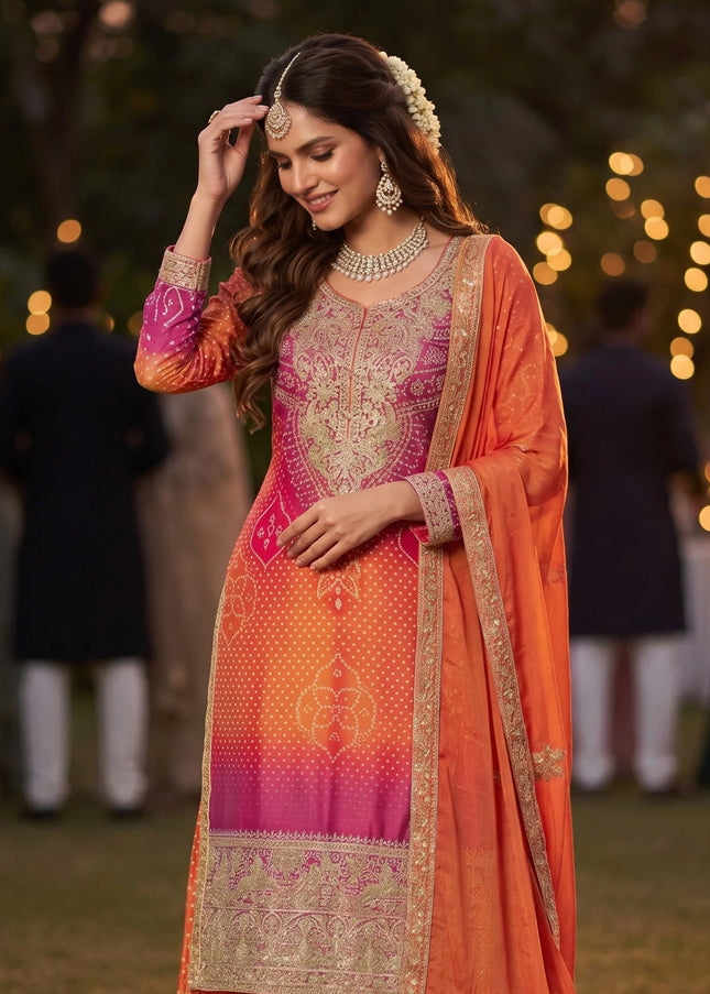 Orange and Pink Embroidered Sharara Suit