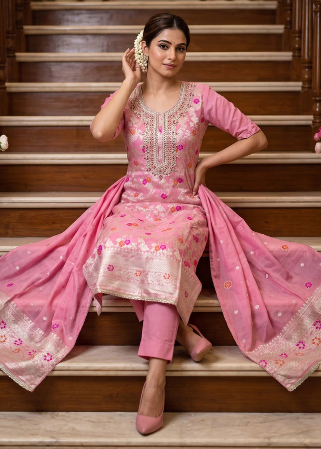 Cotton Silk Embroidered Pant Style Suit Series