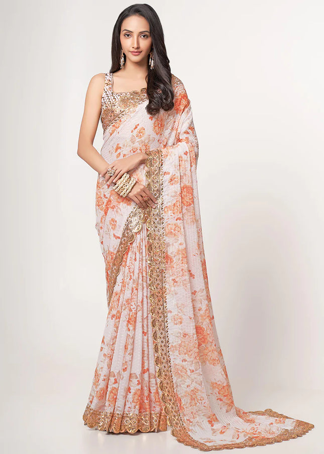 Offwhite Floral Print and Embroidered Saree