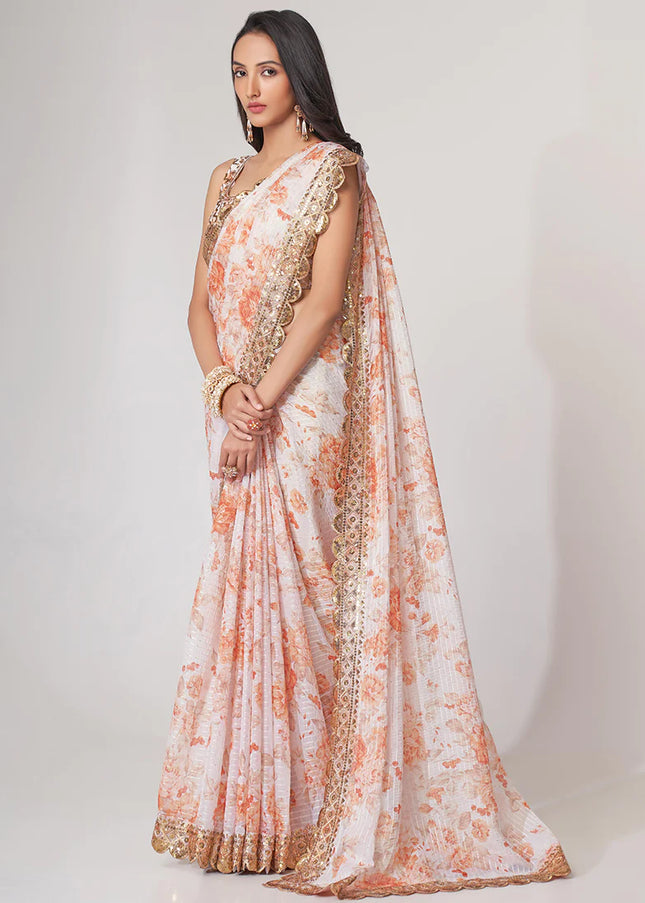 Offwhite Floral Print and Embroidered Saree