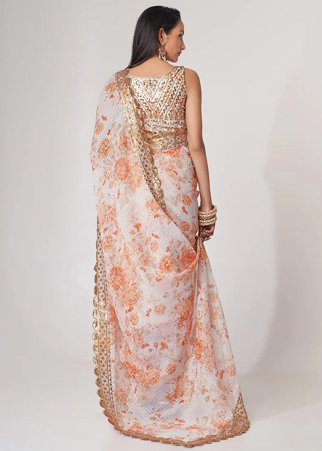 Offwhite Floral Print and Embroidered Saree