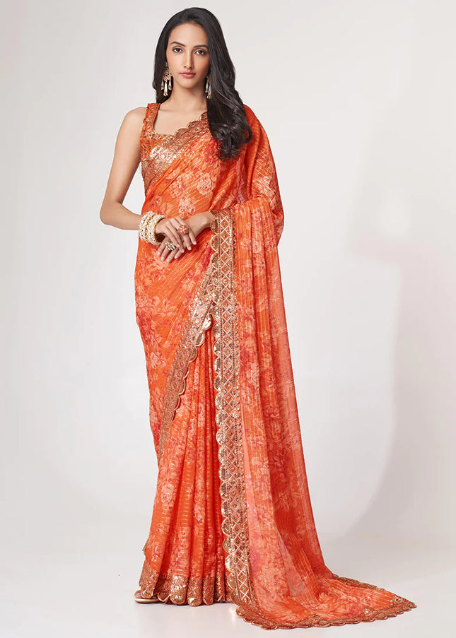 Orange Floral Print and Embroidered Saree