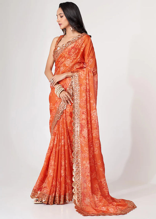 Orange Floral Print and Embroidered Saree
