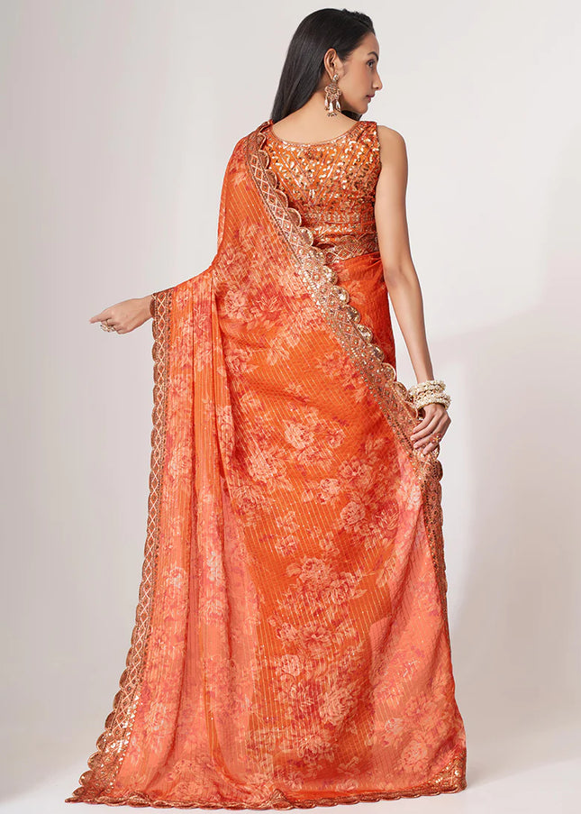 Orange Floral Print and Embroidered Saree