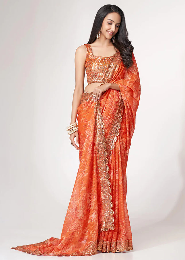 Orange Floral Print and Embroidered Saree