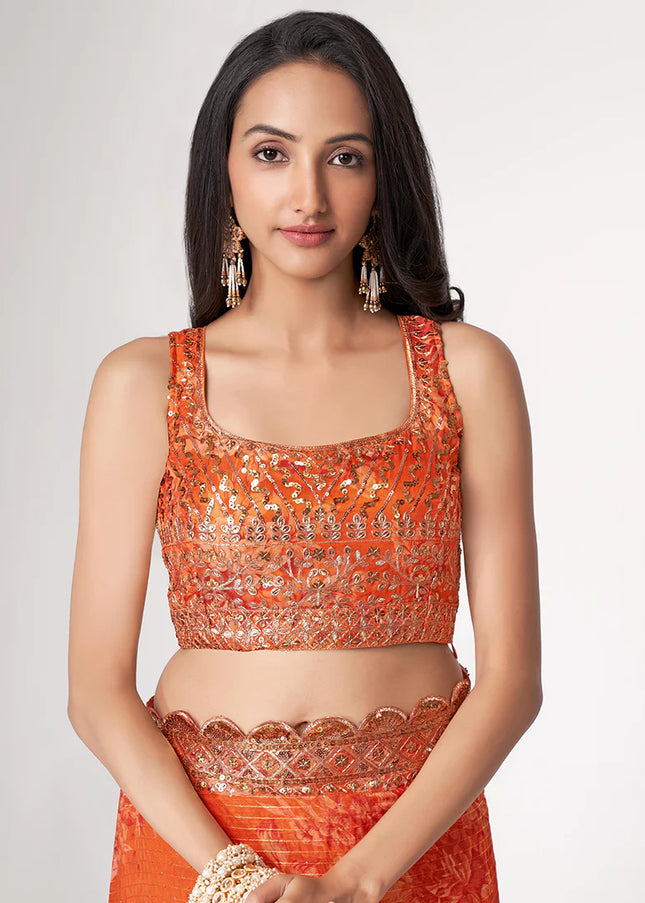 Orange Floral Print and Embroidered Saree