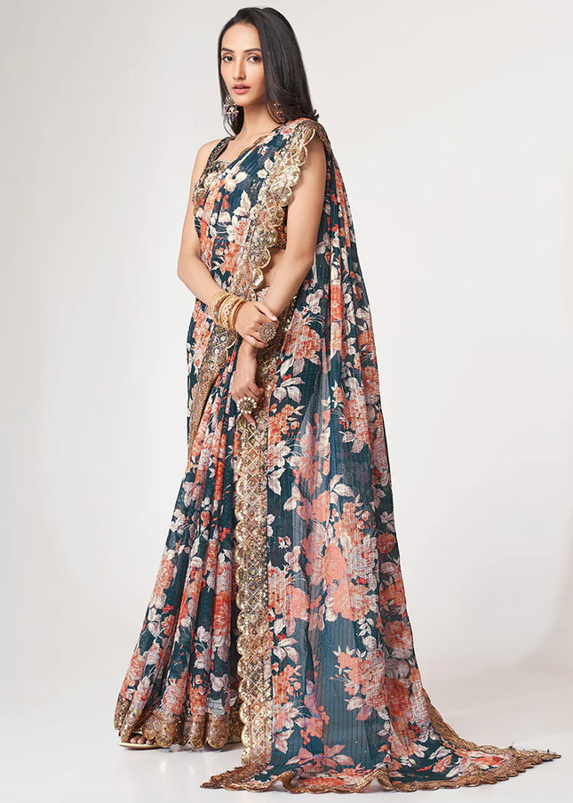 Teal Blue Floral Print and Embroidered Saree