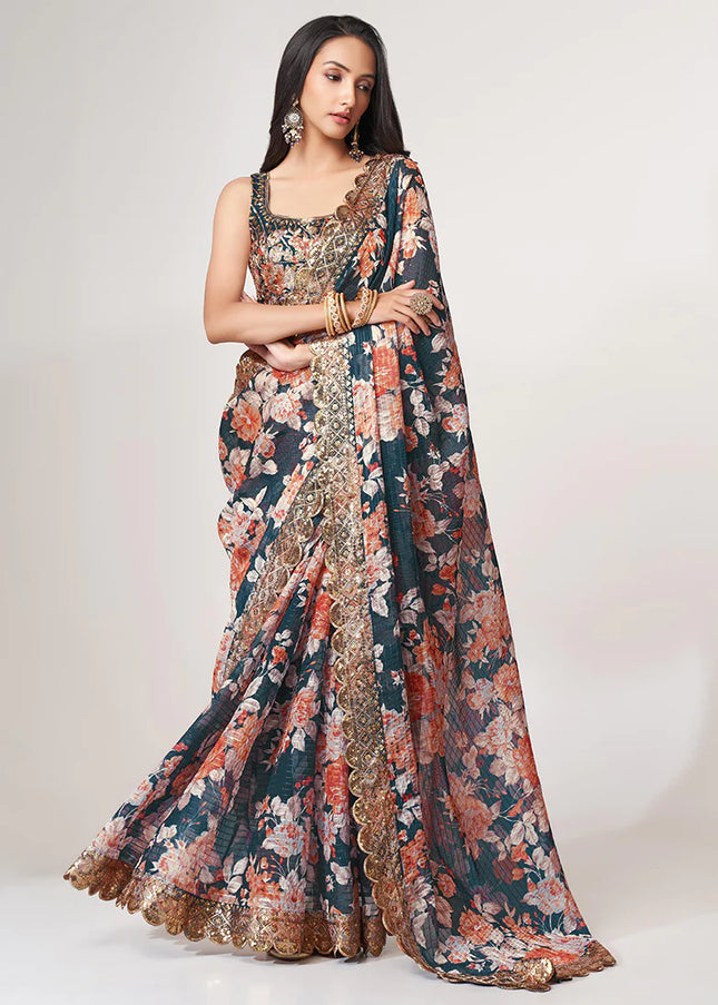 Teal Blue Floral Print and Embroidered Saree